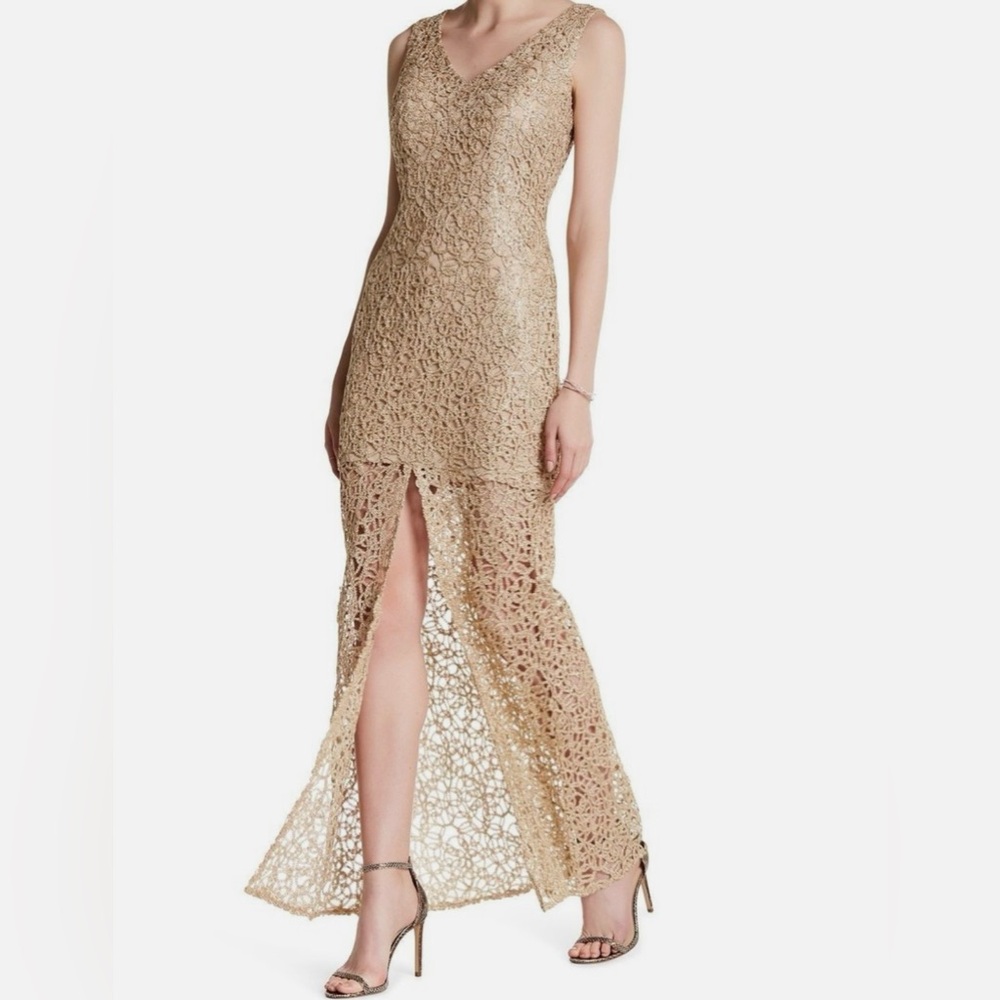NWT Marina Sleeveless Evening Dress in Gold, Embroidered Lace Gown, Sz 8